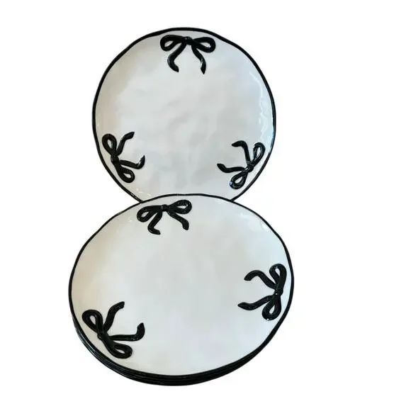 Hand Painted Coquette Black Bow Dinner Plates 10.25in White Ceramic Set of 4 NEW